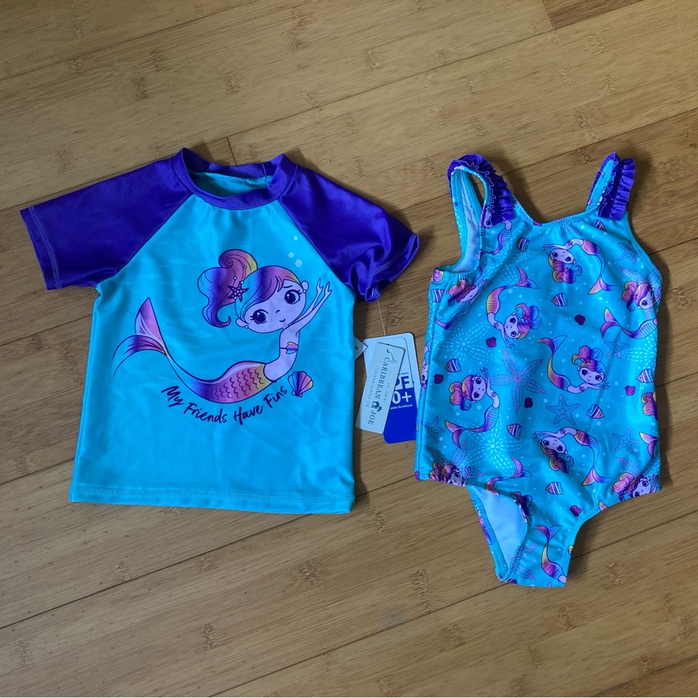 NWT Girls Size 2T Mermaid Swimsuit & Rash Guard